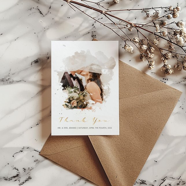 Efecto fotográfico acuarela, tarjeta de agradecimi (Modern wedding thank you card with the option to add your own photo to the watercolour photo effect)