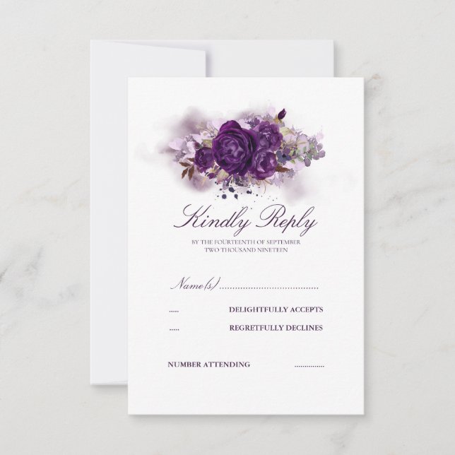 Eggplant Morple Floral acuarela Boda RSVP (Anverso)