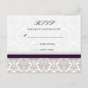 Eggplant Purple Damask Bow Wedding RSVP