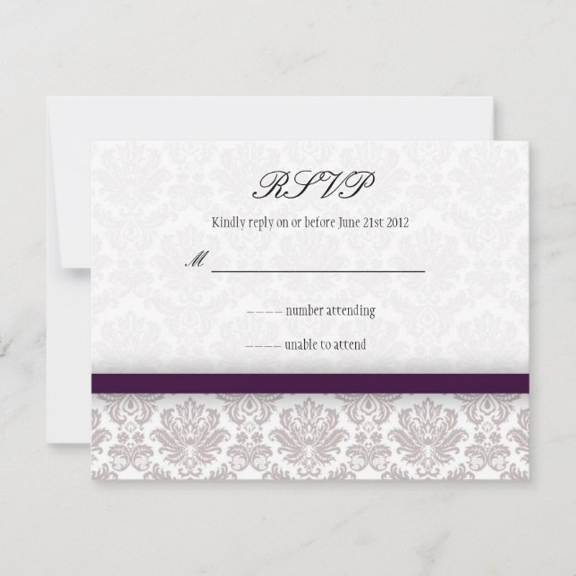 Eggplant Purple Damask Bow Wedding RSVP (Anverso)