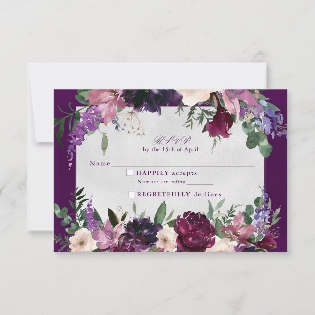 Eggplant Purple Floral Wedding rsvp insertar (Anverso)