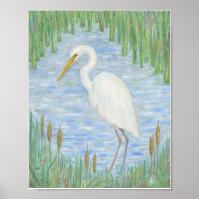 Egret blanco en la impresión de arte de Cattail Ma (Frente)