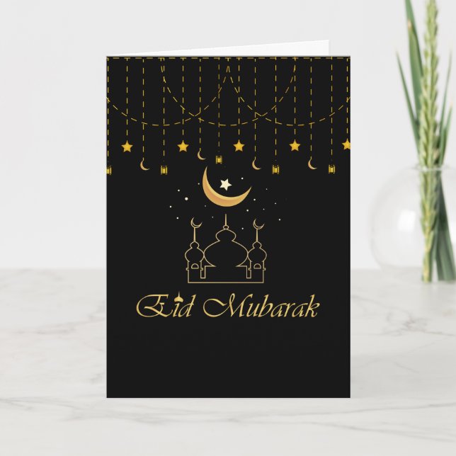 Eid Mubarak moderno Tarjeta Eid Negro y Oro (Anverso)