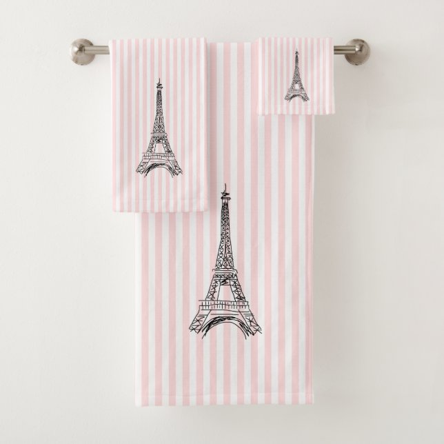 Eiffel Tower Pink Stripe Bath Towel Set (In situ)