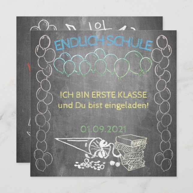 Einladungskarte zur Einschulung im Tafelstil (Anverso / Reverso)