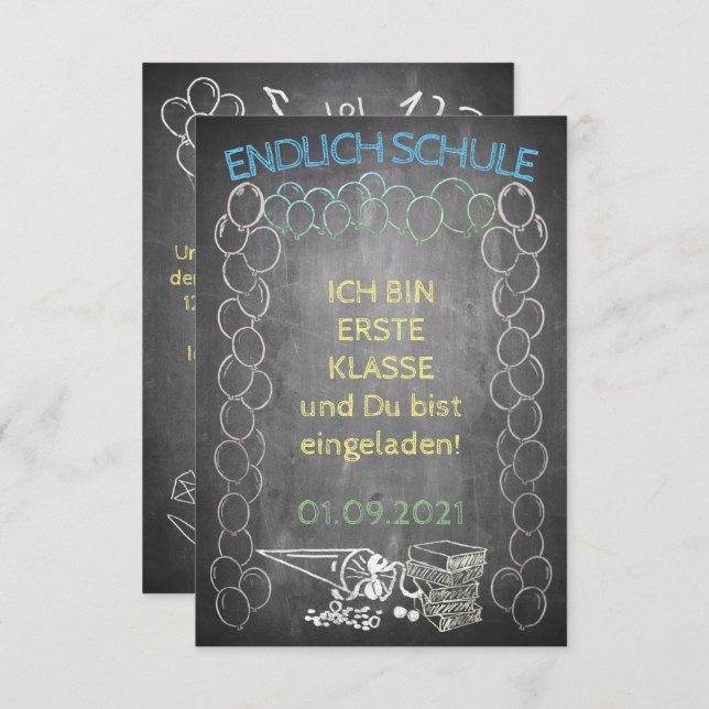 Einladungskarte zur Einschulung im Tafelstil (Anverso / Reverso)