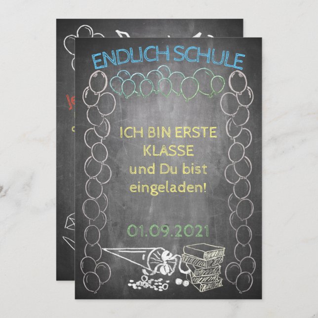 Einladungskarte zur Einschulung im Tafelstil (Anverso / Reverso)