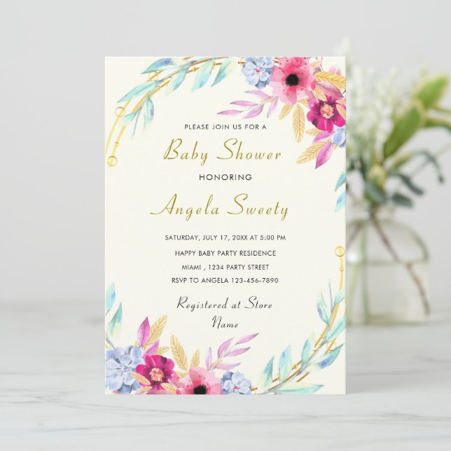 Ejemplo de Invitación a Baby Shower con Floral de  (Anverso de pie)