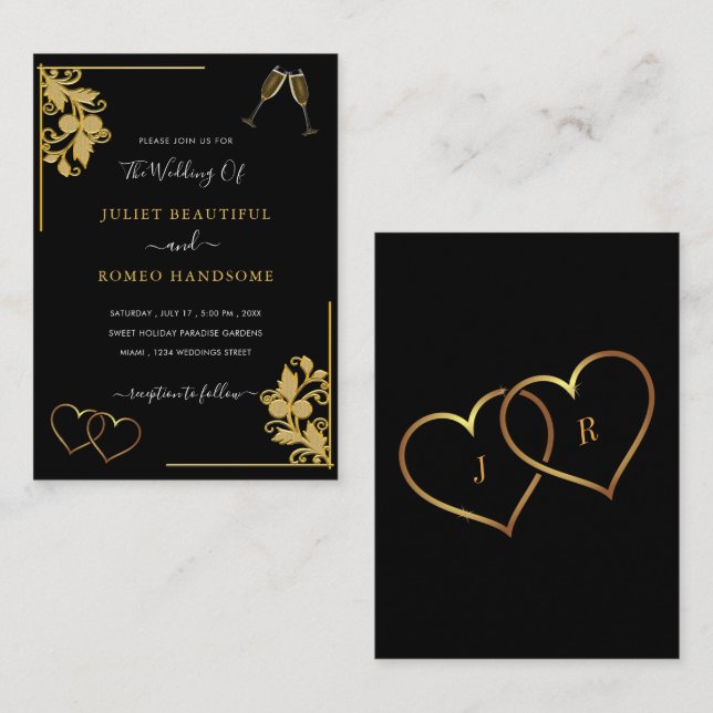 Ejemplo de Invitación a Boda Floral Negra y Oro (Anverso / Reverso)