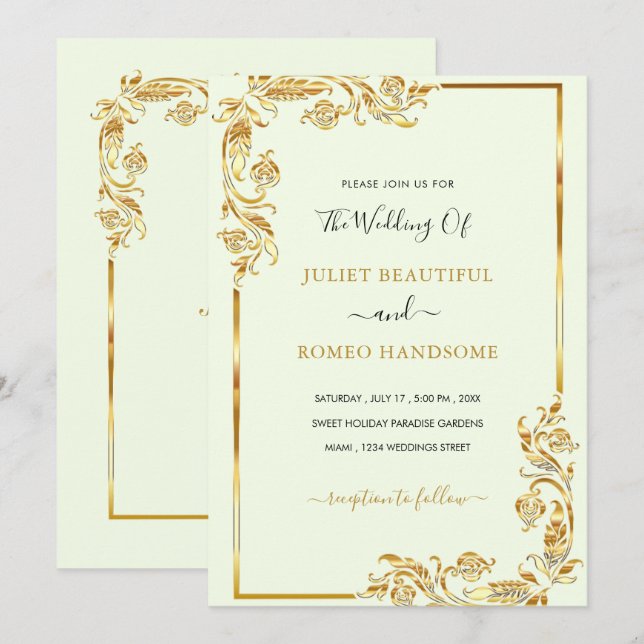 Ejemplo de invitación a la boda de oro floral de d (Anverso / Reverso)
