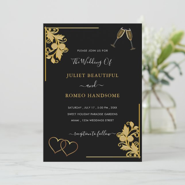 Ejemplo de invitación a la boda de oro y negro (Anverso de pie)
