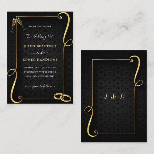 Ejemplo de invitación a la boda de oro y negro enm (Anverso / Reverso)