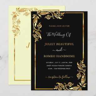 Ejemplo de invitación a la boda floral de oro negr