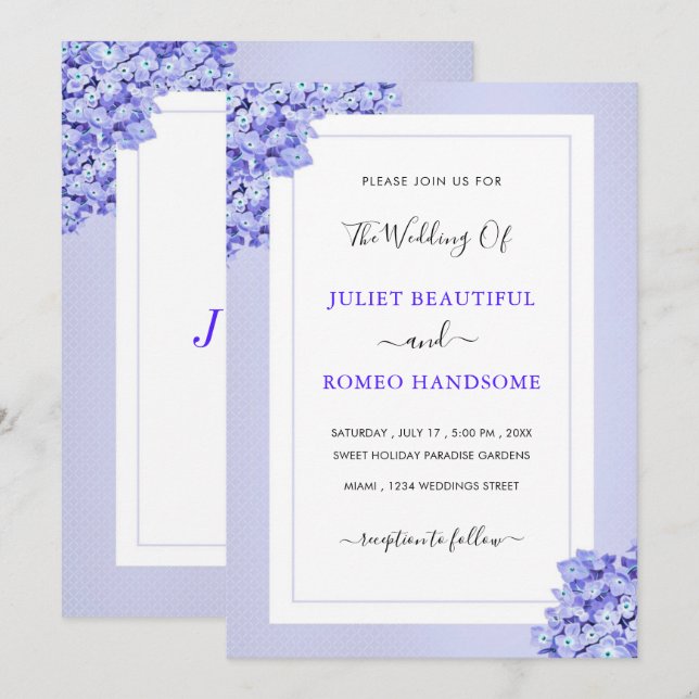 Ejemplo de Invitación de Boda con Flores Violetas  (Anverso / Reverso)
