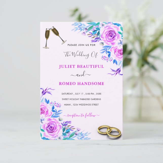 Ejemplo de Invitación de Boda con Rosas Purpúreas  (Anverso de pie)
