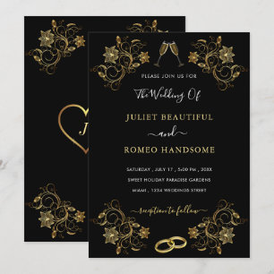 Ejemplo de Invitación de Boda Floral Negro y Dorad