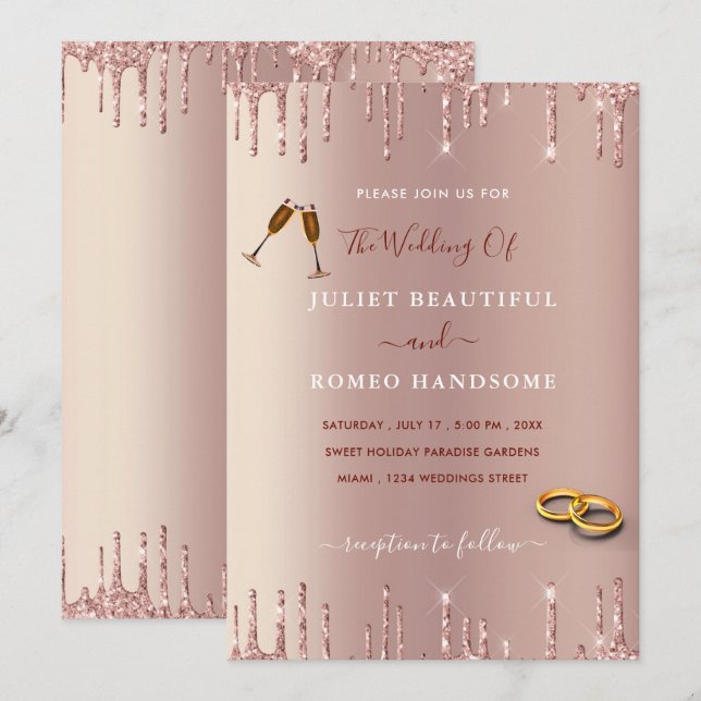 Ejemplo de invitaciones de boda brillantes en rosa (Anverso / Reverso)