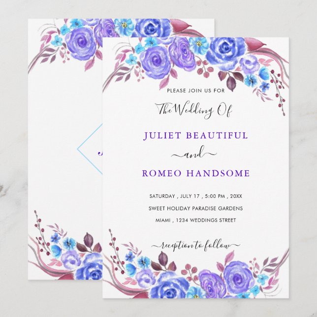 Ejemplo de invitaciones de boda con flores de acua (Anverso / Reverso)