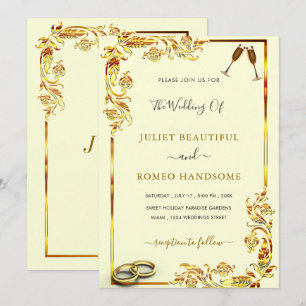 Ejemplo de invitaciones de boda doradas florales e