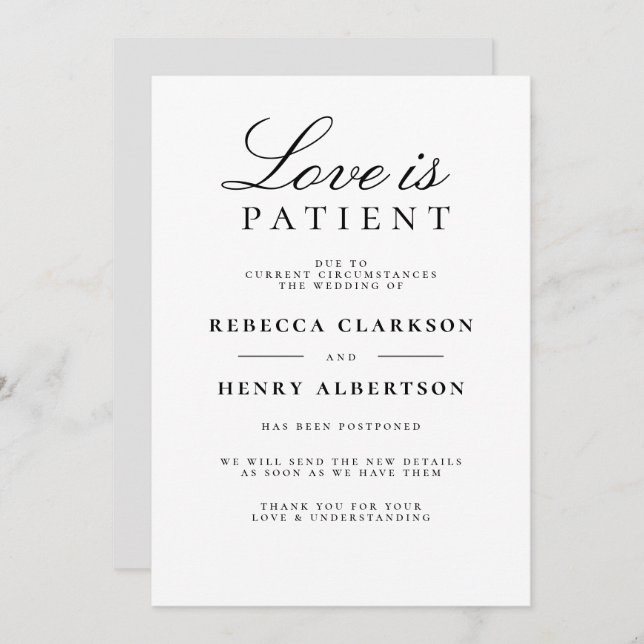 El amor es paciente Anuncio de boda en negro y bla (Anverso / Reverso)