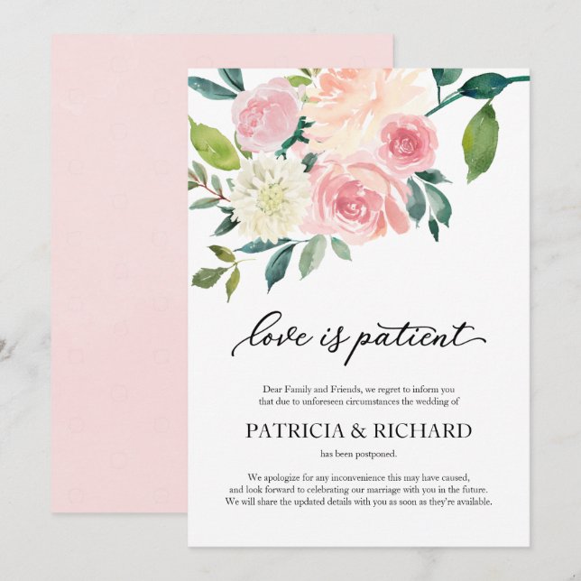 El amor es paciente Blush floral anuncio de aplaza (Anverso / Reverso)