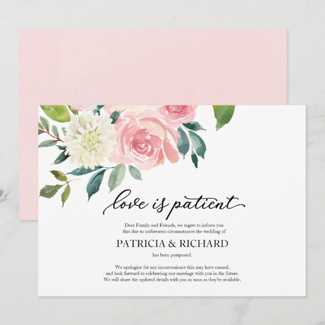 El amor es paciente Blush floral anuncio de aplaza (Anverso / Reverso)