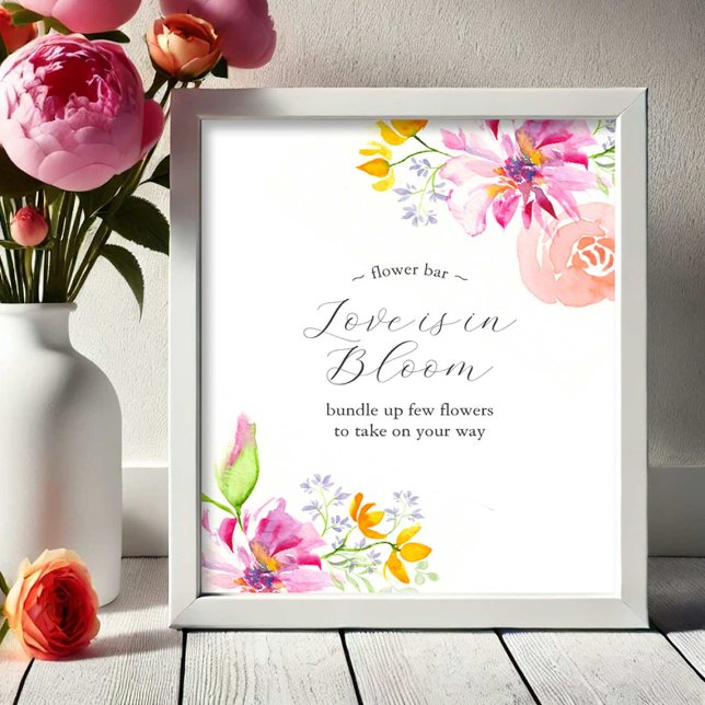 El amor está en flor Póster de la barra de flores  (Flower bar sign watercolor pink and orange flowers art by Victoria Grigaliunas Do Tell A Belle)
