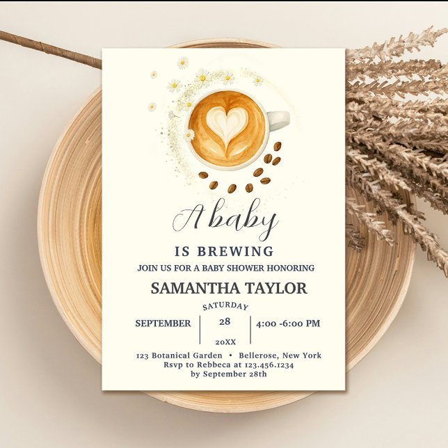 El amor está preparando la invitación a Baby Showe (Love is Brewing Baby Shower Invitation – Coffee  #zazzle #dasies #coffeeandwatercolorflowers #baby)