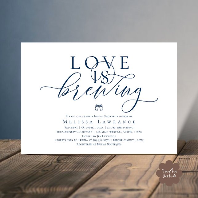 El Amor Está Preparándose Elegante Invitación para (Love Is Brewing Modern Classy Elegant Script Bridal Shower Invitation Card in Navy Blue)
