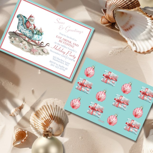 El asador Chinoiserie de Santa en la invitación a  (Santa’s Chinoiserie Sleigh on the Beach Invitation-front and back)