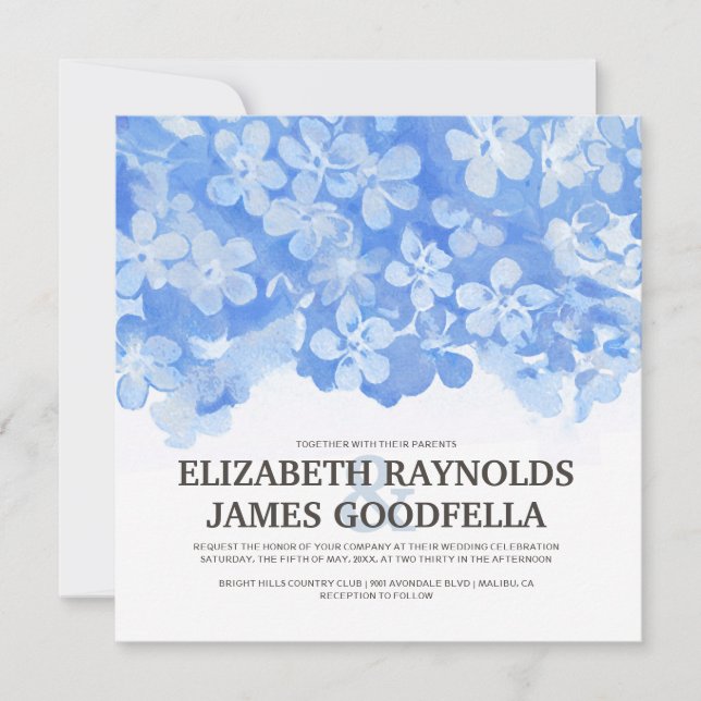 El azul real florece invitaciones de la boda (Anverso)