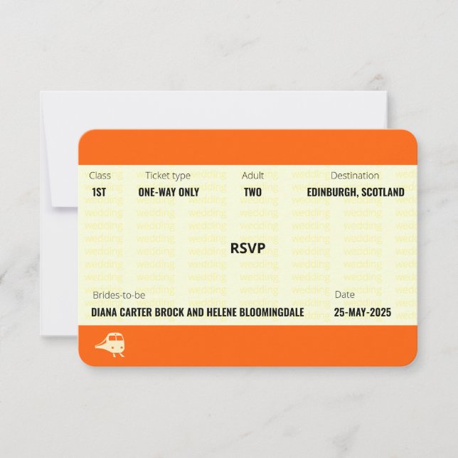 El billete de tren inspirado | RSVP de boda LGBTQ+ (Anverso)