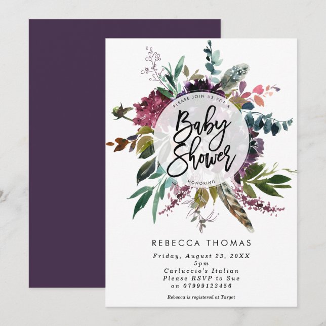 el boho floral empluma la invitación de la fiesta (Anverso / Reverso)