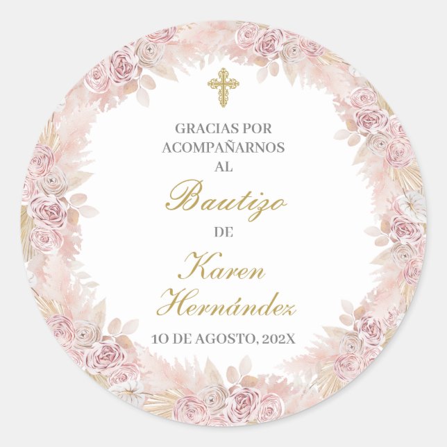 El boho rosado bautiza a pegatina español (Anverso)