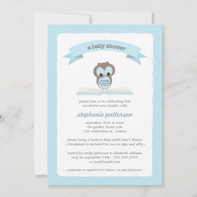 El búho azul trae una invitación de Baby Shower (Anverso)