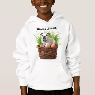 El bulldog feliz de Pascua embroma la sudadera con