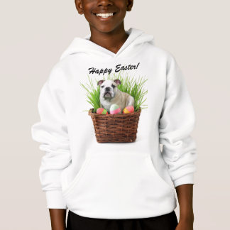 El bulldog feliz de Pascua embroma la sudadera con
