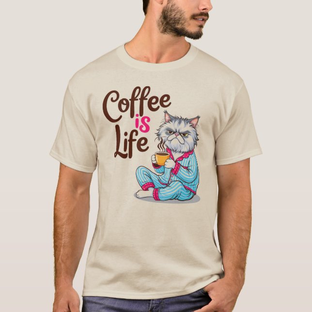El café es la vida con la camiseta de gato gruñón (Anverso)