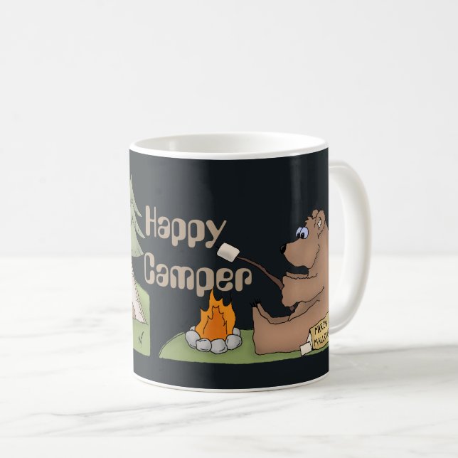 El campista contento lleva la taza de café de la (Anverso derecho)
