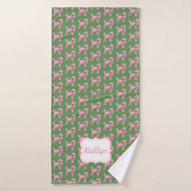 El caniche rosado personalizado en verde (Toalla de baño)