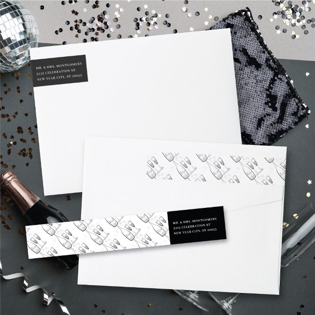 El champagne de plata vitorea elegante dirección d (Silver Champagne Cheers Stylish New Year Return Address Wrap Around Label @ fat_fa_tin)