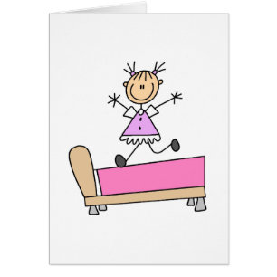 El chica que salta en tarjeta de la cama