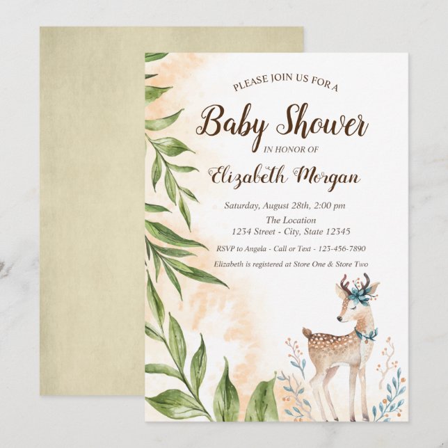 El ciervo bebé lindo deja la invitación de Baby Sh (Anverso / Reverso)