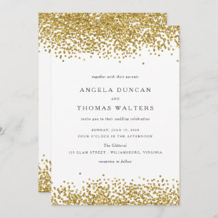 El confeti atractivo del oro puntea la invitación