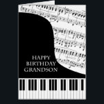 El cumpleaños del piano y la música Grandson<br><div class="desc">Una tarjeta de cumpleaños para un nieto a quien le gusta la música de piano. Un piano de cola con las llaves en la parte inferior de la carta. Una hoja de música llena el fondo. Una gran carta para alguien que ama la música. Esta NO es una carta musical,...</div>