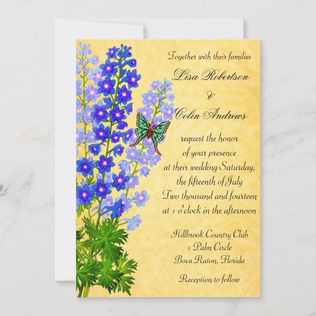 El Delphinium azul florece el oro de la invitación (Anverso)