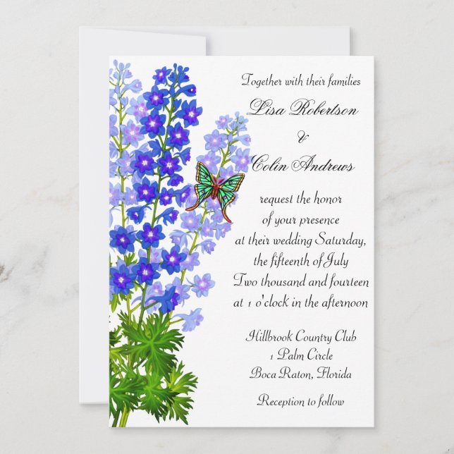 El Delphinium azul florece la invitación de la (Anverso)