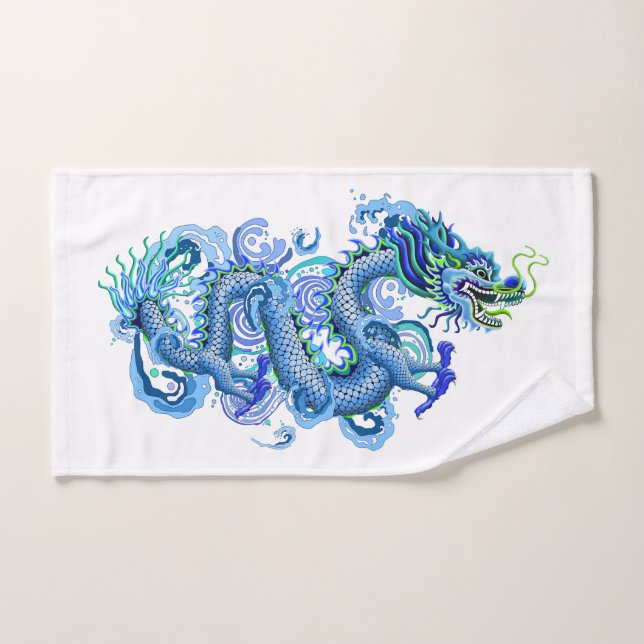 El dragón azul con agua salpica la toalla (Toalla de mano)