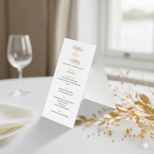 El efecto oro deja el menú de la recepción de boda (Gold leafy wedding menu)