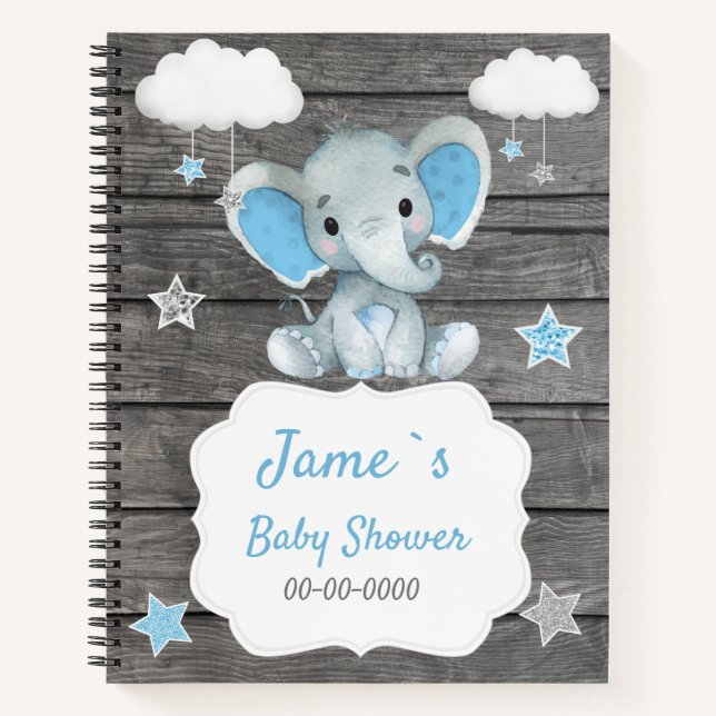 El elefante azul del libro Baby Shower Rustic (Anverso)